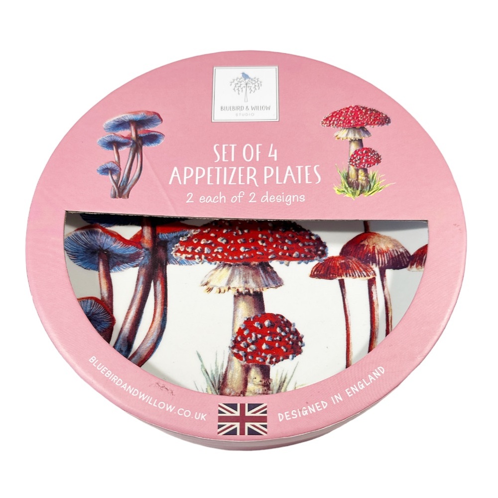 NEW Bluebird & Willow MUSHROOM APPETIZER PLATES Boxed Set/4 🍄🍄🍄